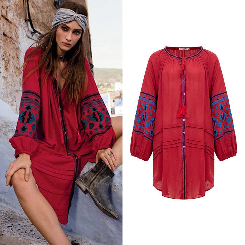 Bohemian ethnic style embroidered loose cardigan dress