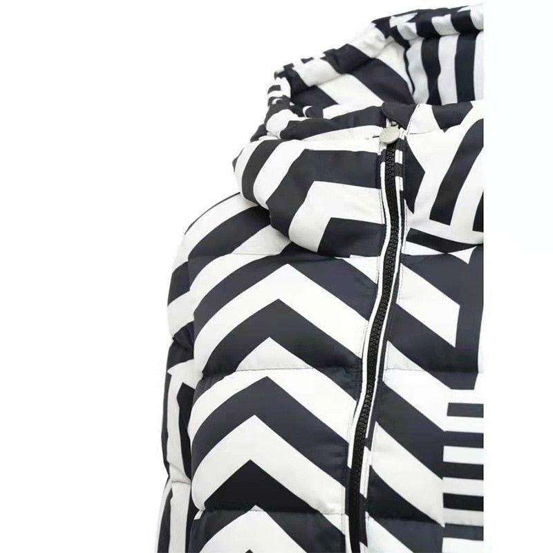 Down Jacket Winter Black And White Stripes Coat Hooded Fashion Design Down Jackets Parka Women's Short Jackets - Emete Store