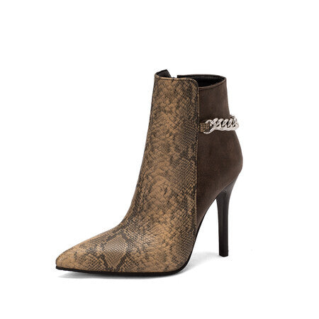 Chained Snake Print Stiletto Ankle Boots for Women eprolo