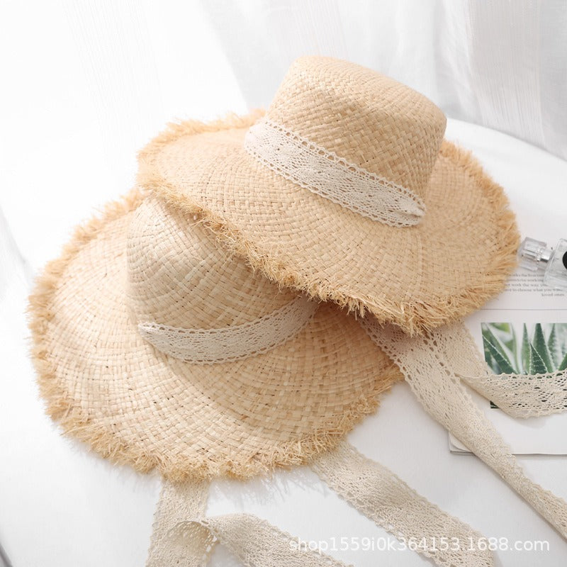 Strap Lafite straw hat for women with large brim in summer seaside Sun hat summer sun beach holiday beach hat