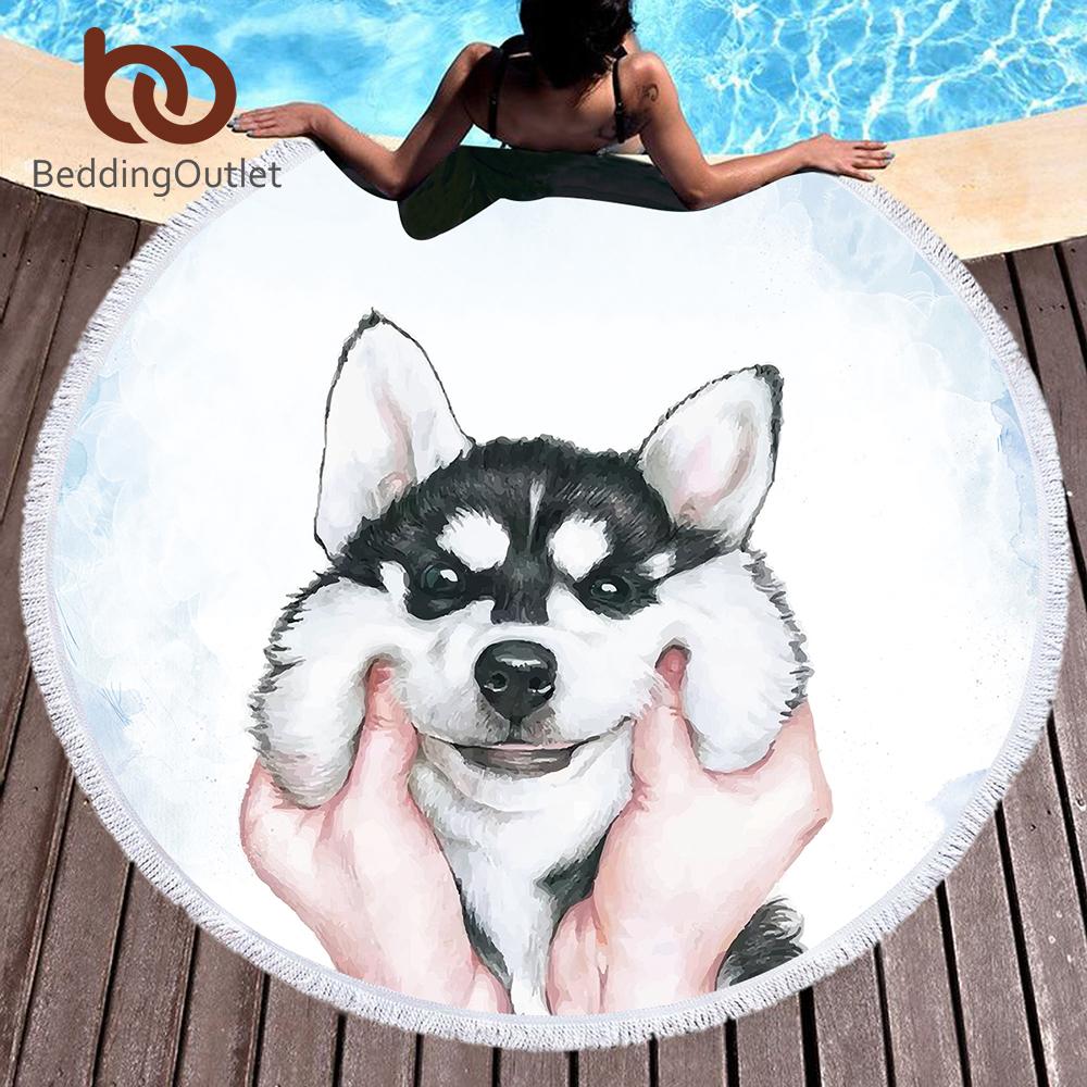 Round Beach Towel For Kids With Tassel Blanket Husky Printed Microfiber Bath Towel Large 150cm Yoga Mat Blanket