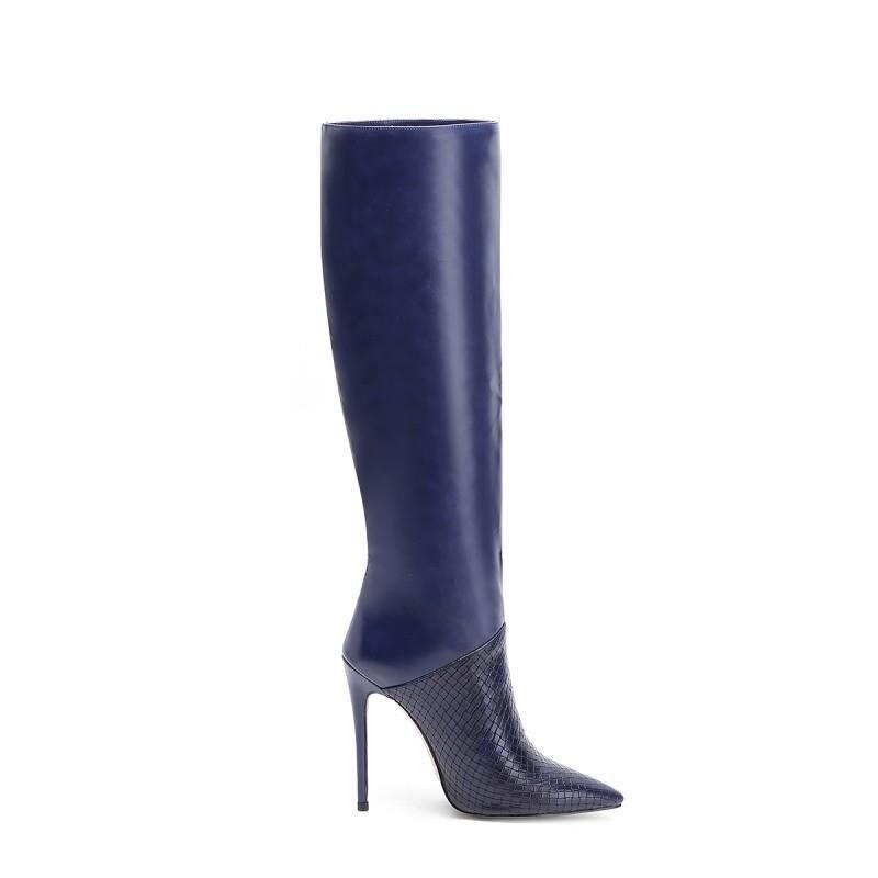 Royal Blue Stone Pattern Knee-High Stiletto Boots eprolo