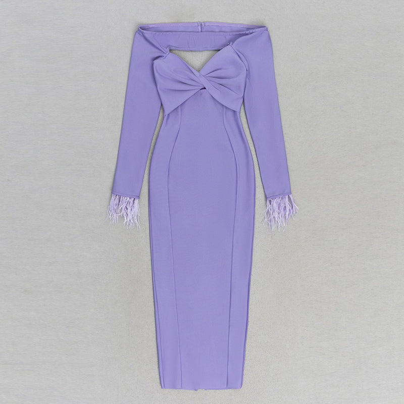 Feather long sleeved low cut purple pleated tight fitting long dress - Emete Store