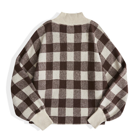 Autumn And Winter Asian Size Women's Half High Collar Plaid Sweater Color Matching Long Sleeve Sweater Women - Emete Store