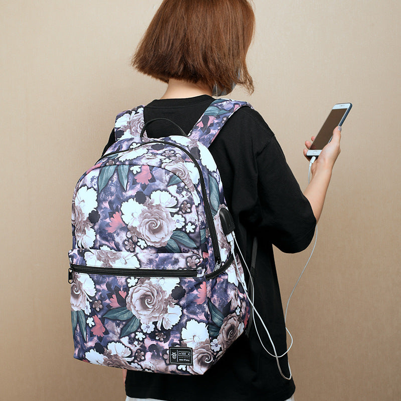 School bag two piece backpack peony print large capacity floral school bag USB backpack