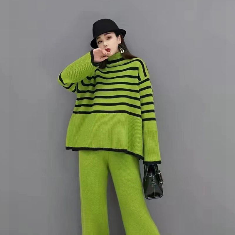 High Neck Sweater Wide Leg Trousers Two-Piece Suit Women's Autumn And Winter New Style Slim Loose Slit Knitwear With Casual Trousers - Emete Store