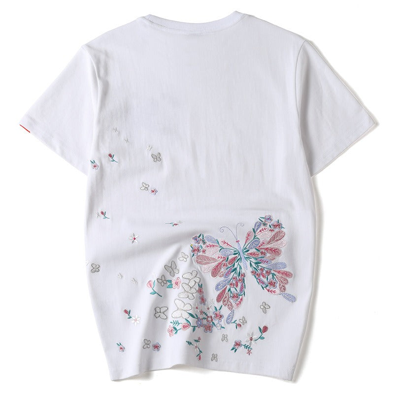 Summer butterfly embroidery couple T shirt Chinese style original loose large size cotton fashion short sleeved t shirt men