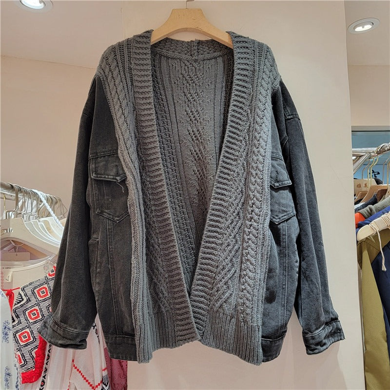 Sweater splicing denim jacket women's long sleeved short knitted cardigan