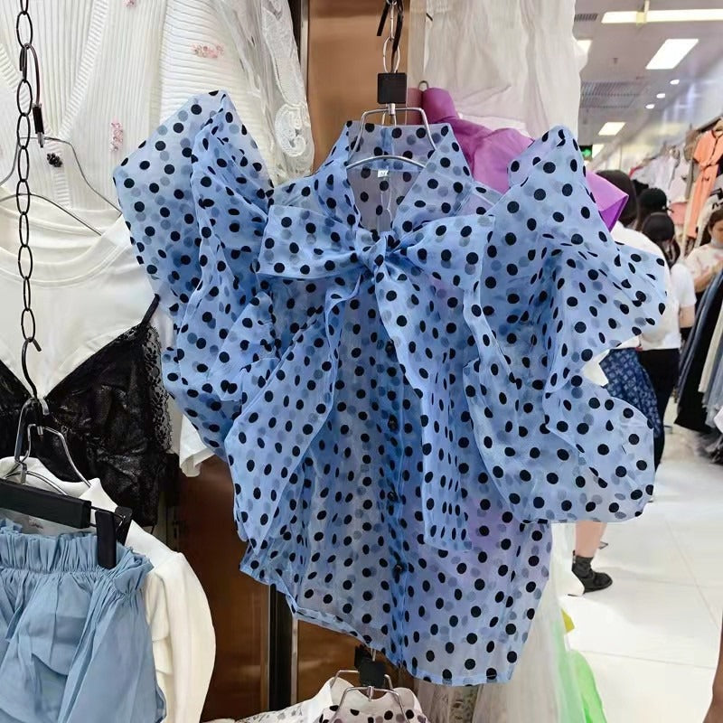 Short polka dot shirt women's bubble sleeve transparent organza top