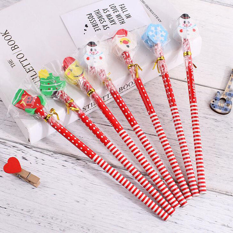 Christmas Stationery 5pcs/lot Santa Claus Snowman Tree Pencil with Eraser Cap for School Office Supplies