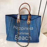 Canvas with genuine leather carrying chain pearl beach bag single shoulder tote women's bag