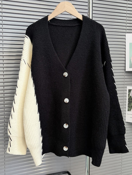 Colorblock Knitting Coats For Women V Neck Long Sleeve Fashion Vintage Sweater Female Clothing Loose Casual Style Winter - Emete Store