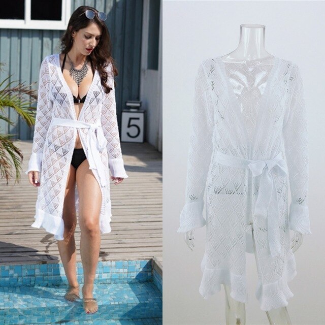 Summer Swimsuit Hollow Knit Beach Bikini Cover Up Long Sleeve Women Tops Swimwear Beach Dress White Beach Tunic Shirt