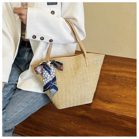 Summer Hand Held Large Capacity Straw Bag Retro Silk Scarf Woven Bag Beach Tote Bag One-Shoulder Wild Vegetable Basket Bag - Emete store