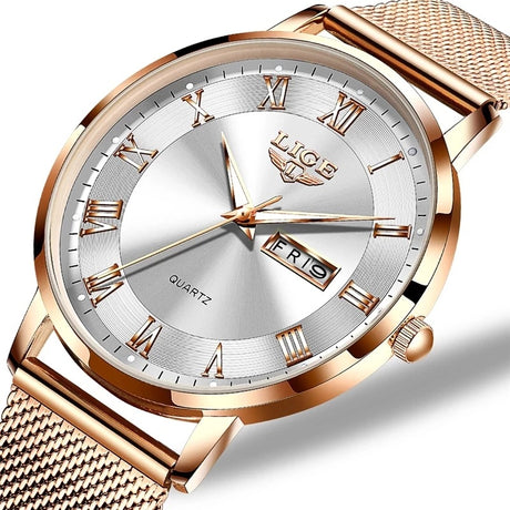 LIGE Ultra Thin Ladies Quartz Watch Classic Women's Watch Dual Calendar Waterproof Watch Milan Mesh Strap Watch - Emete store
