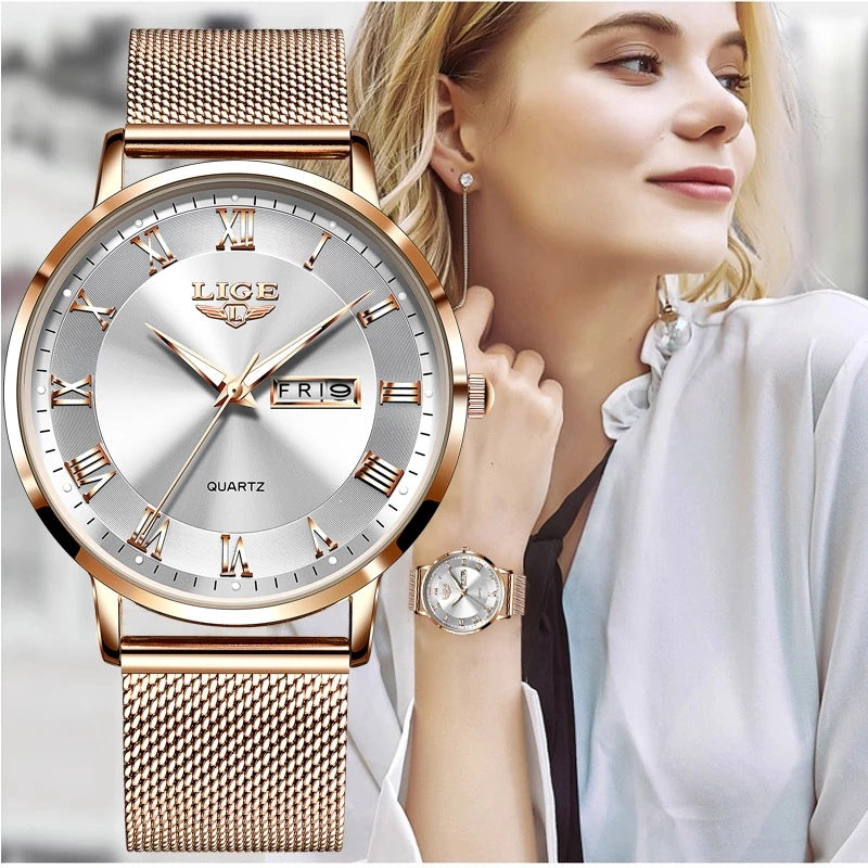 LIGE Ultra Thin Ladies Quartz Watch Classic Women's Watch Dual Calendar Waterproof Watch Milan Mesh Strap Watch - Emete store