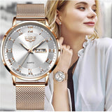 LIGE Ultra Thin Ladies Quartz Watch Classic Women's Watch Dual Calendar Waterproof Watch Milan Mesh Strap Watch - Emete store