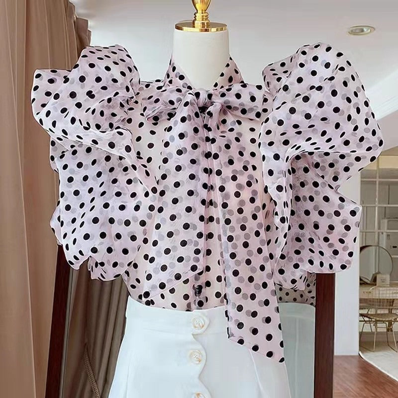 Short polka dot shirt women's bubble sleeve transparent organza top - Emete Store