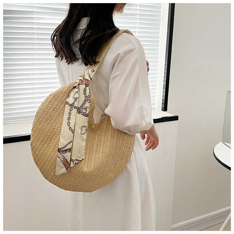 On The New Straw Bag Women's Summer New Fashion Personality Beach Vacation Woven Armpit Bag Half Round Bag