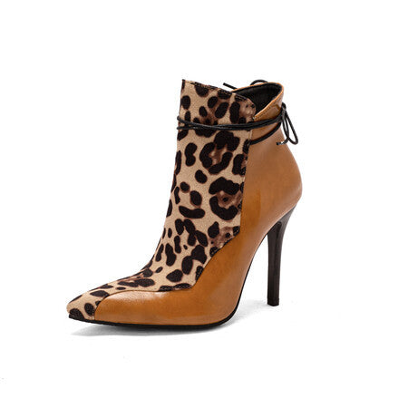 Leopard Print Colorblock Stiletto Ankle Boots for Women - Emete Store