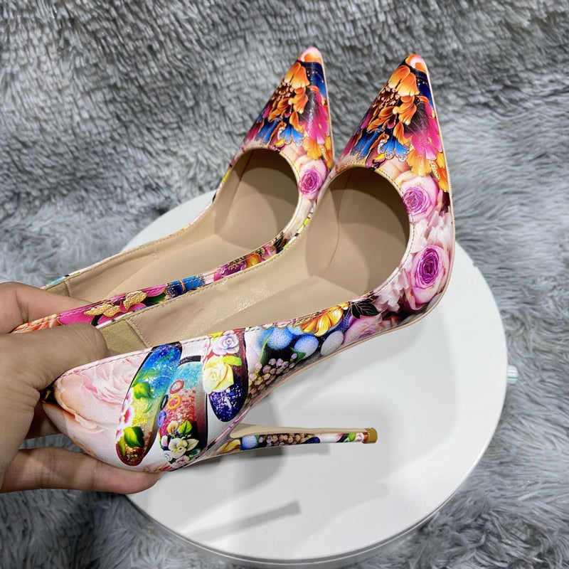 Floral Print Pointed Toe Stilettos - Emete Store