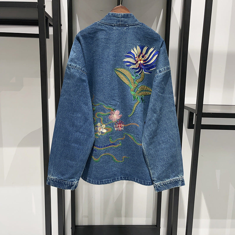 French style niche autumn and winter street photography patch embroidery flower robe design denim jacket for men and women