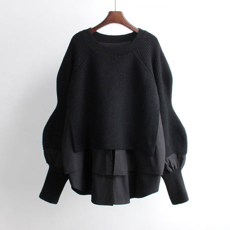 Women's Sweater Splicing Shirt Fake Two-Piece Set Female Temperament Knitted Tops - Emete Store