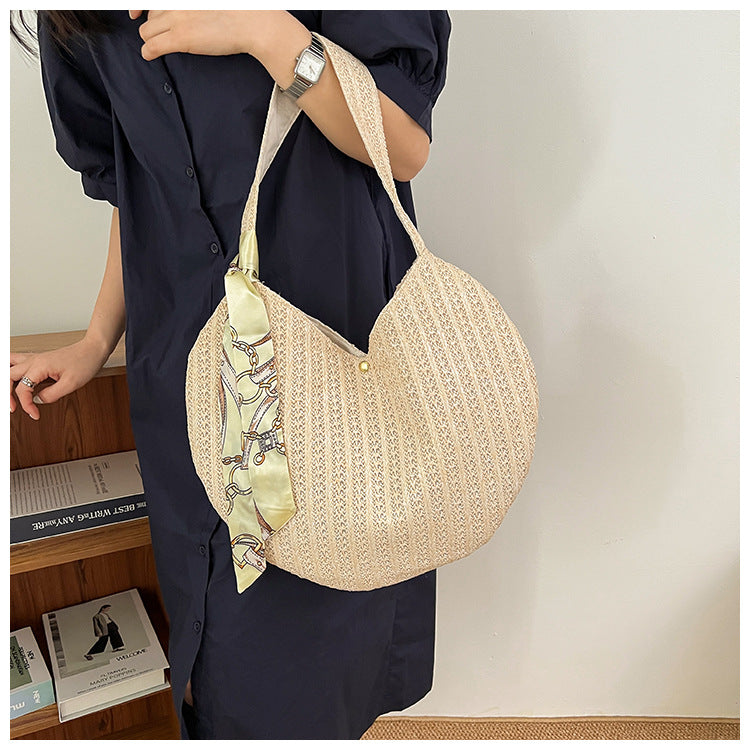 On The New Straw Bag Women's Summer New Fashion Personality Beach Vacation Woven Armpit Bag Half Round Bag