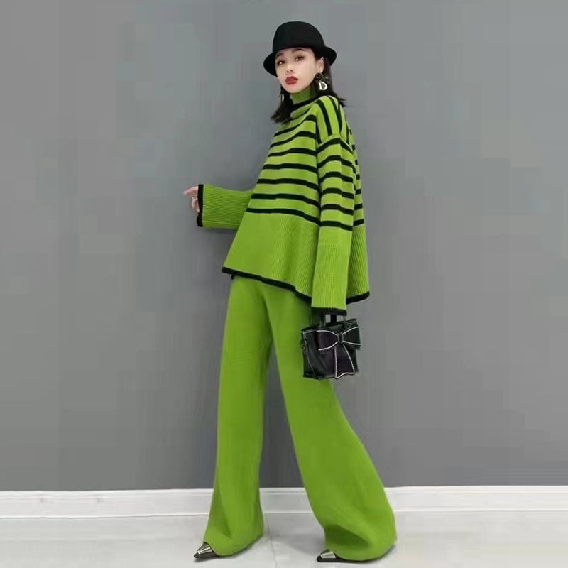 High Neck Sweater Wide Leg Trousers Two-Piece Suit Women's Autumn And Winter New Style Slim Loose Slit Knitwear With Casual Trousers - Emete Store