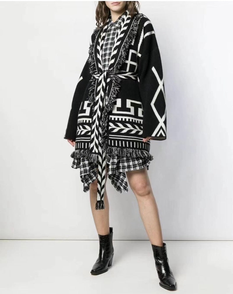 Black And White Geometric Jacquard Sweater Loose Lazy Retro Medium Long Cardigan Coat - Emete Store