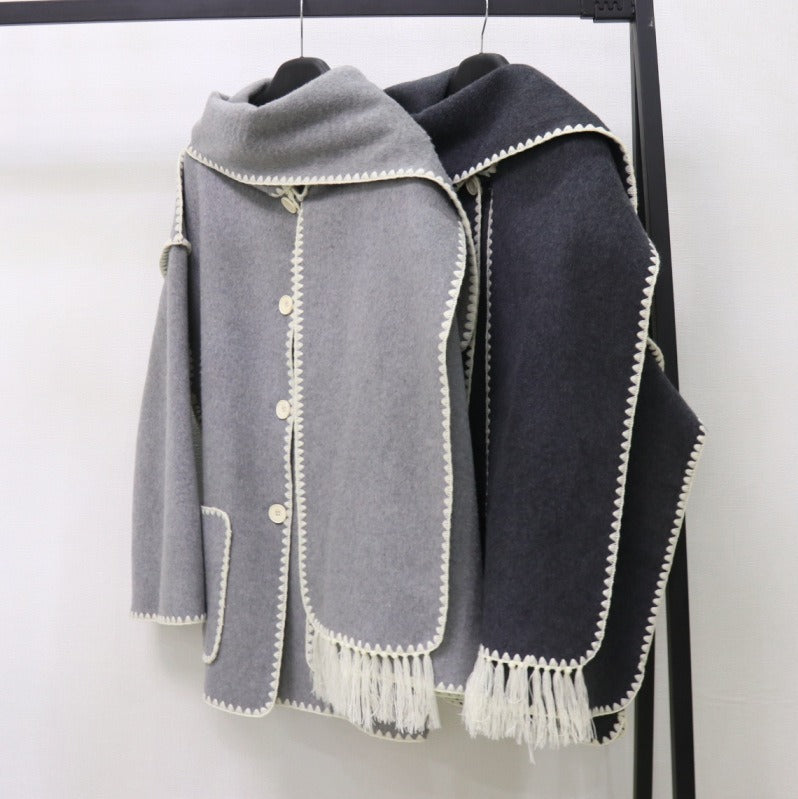 Embroidered Tassel Woven Scarf Knitted Loose Woolen Coat Women - Emete Store