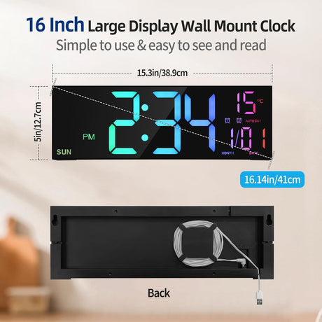Large Digital Wall Clock with Remote Control Big LED/Dual Alarm/8 RGB Colors Digital Alarm Clock Electronic Watch - Emete store
