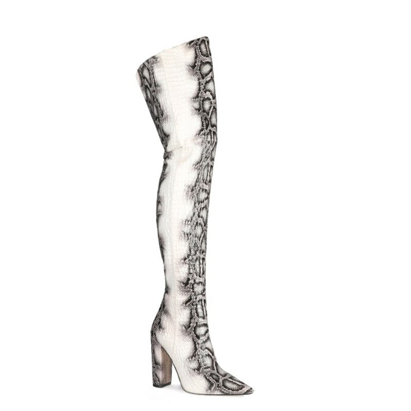 White Snake Print Over-the-Knee Boots - Emete Store