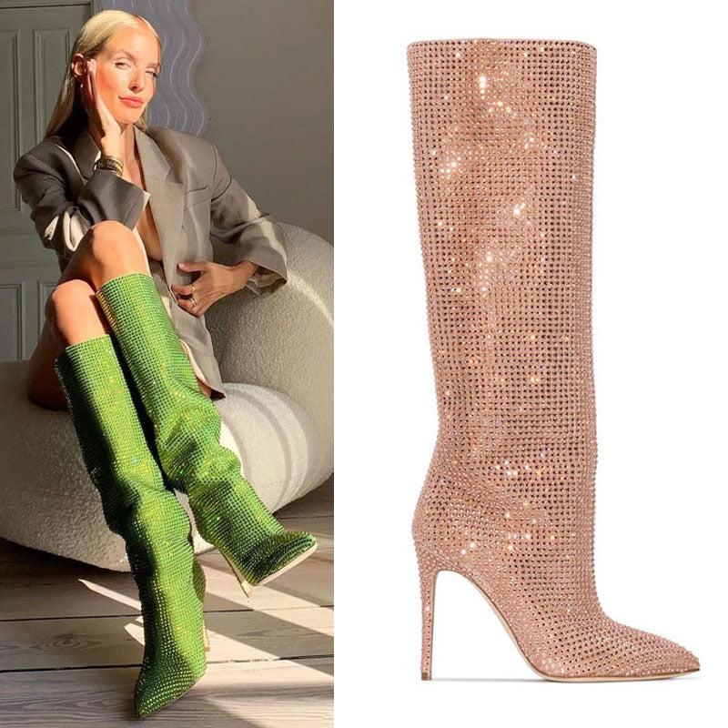 Bling Leather Knee-High Boots - Emete Store