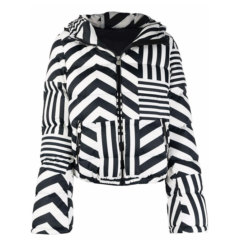 Down Jacket Winter Black And White Stripes Coat Hooded Fashion Design Down Jackets Parka Women's Short Jackets - Emete Store