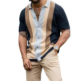 Men's New Striped Casual Short Sleeved Knitting Cardigan T-Shirt Men'S Polo Shirt Shirt