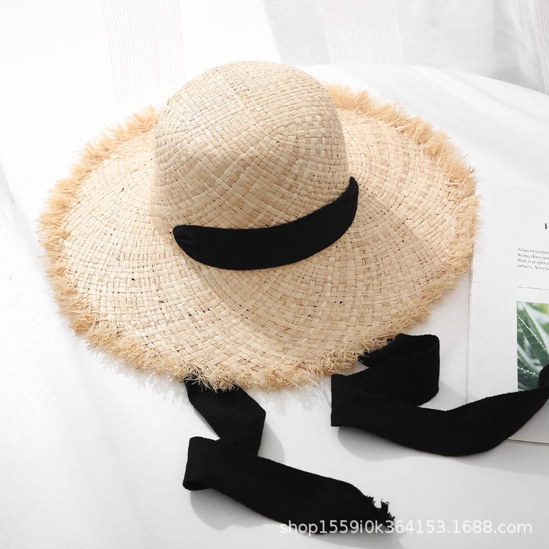 Strap Lafite straw hat for women with large brim in summer seaside Sun hat summer sun beach holiday beach hat