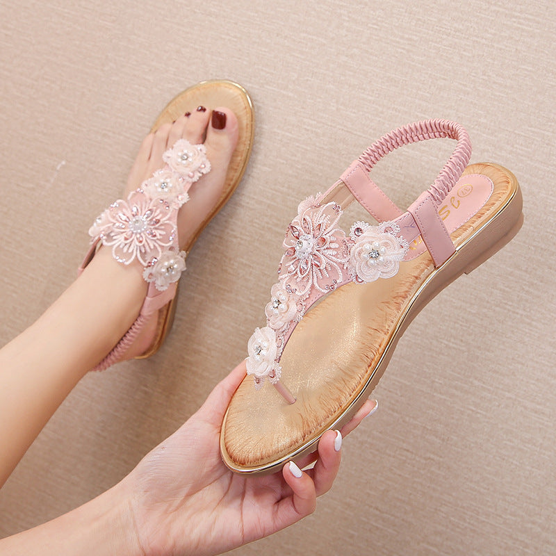 Flower Trimmed Clip-On Flat Sandals for Women eprolo