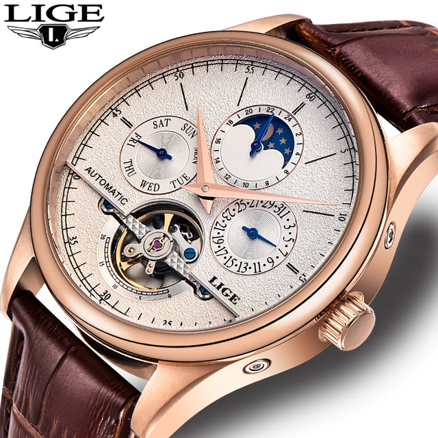 LIGE Brand Men Watches Automatic Mechanical Watch Tourbillon Sport Clock Leather Casual Business Retro Wristwatch Relojes Hombre - Emete store