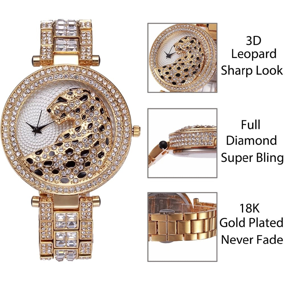 MISSFOX V227  Women Quartz Watch Fashion Bling Casual Ladies Watch Female Quartz Gold Watch Crystal Diamond Leopard For Women Clock - Emete store