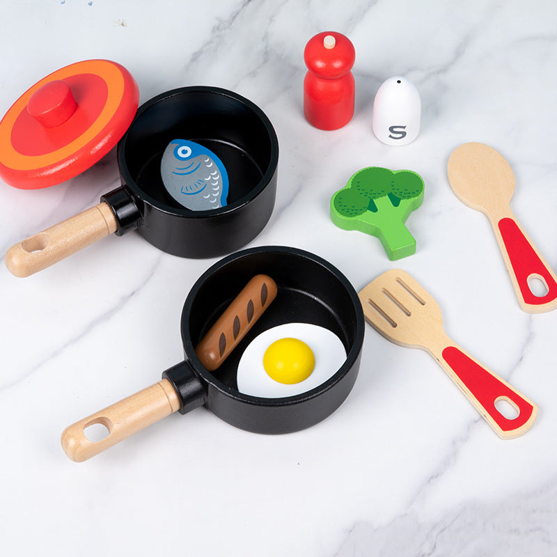 Children's wooden simulation home cooking pot set kitchen cooking with joy cooking utensils wooden toys