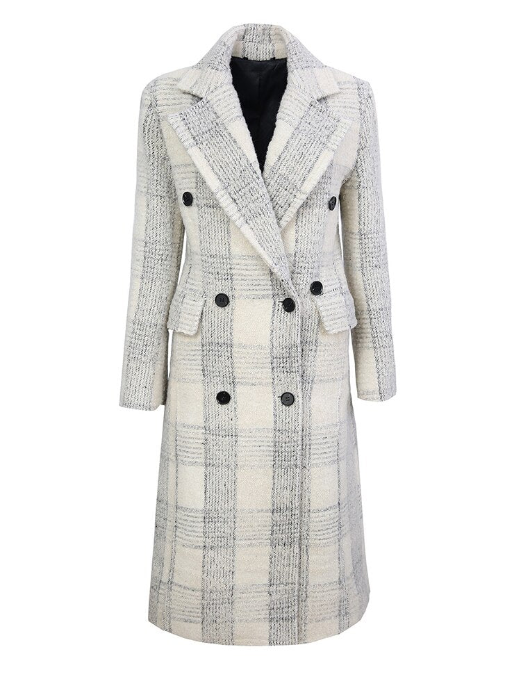 Loose Fit White Plaid Elegant Long Woolen Coat Parkas New Long Sleeve Women Fashion Trend Autumn Winter - Emete Store