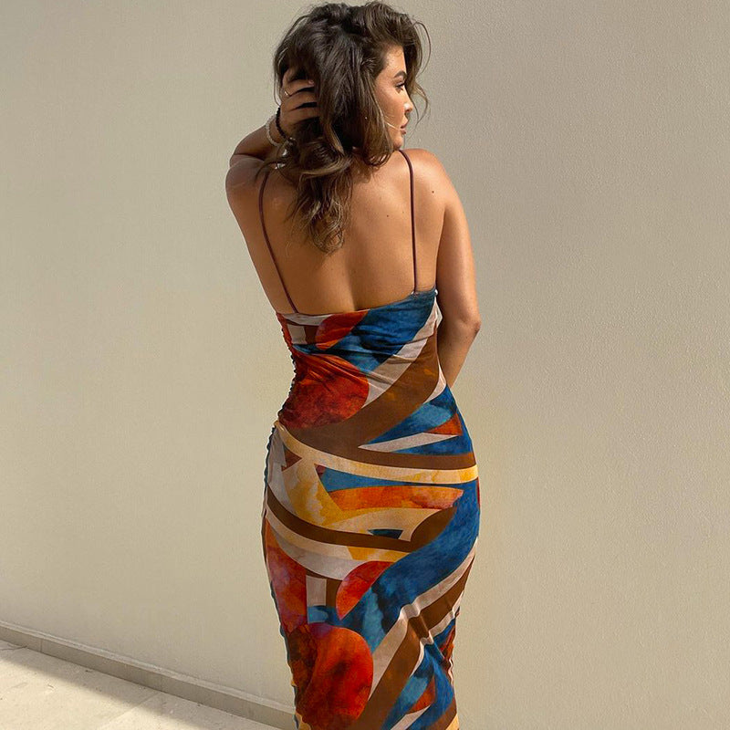 Sleeveless Printed Bodycon Long Pencil Strap Dress