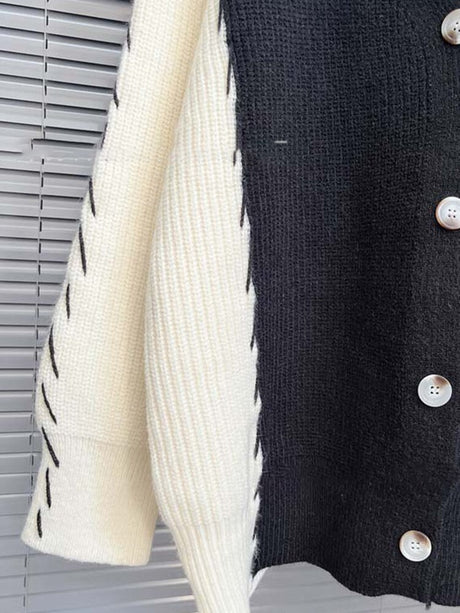 Colorblock Knitting Coats For Women V Neck Long Sleeve Fashion Vintage Sweater Female Clothing Loose Casual Style Winter - Emete Store