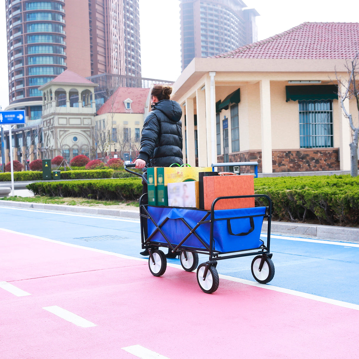 Folding Wagon Garden Shopping Beach Cart (Blue)