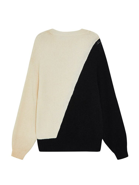 Color Blocked Round Neck Sweater Women's Loose Casual Blouse - Emete Store