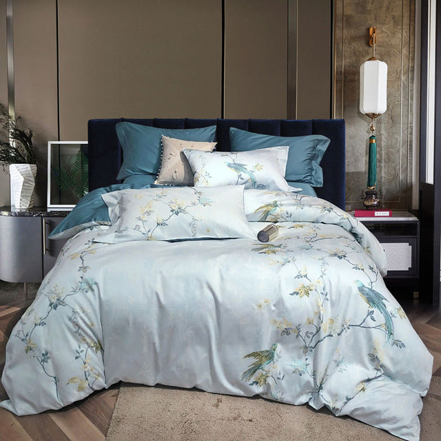 Long Staple cotton Chinoiserie Birds Plant Duvet Cover King Queen Size Bedding Set 4Pcs - Emete Store