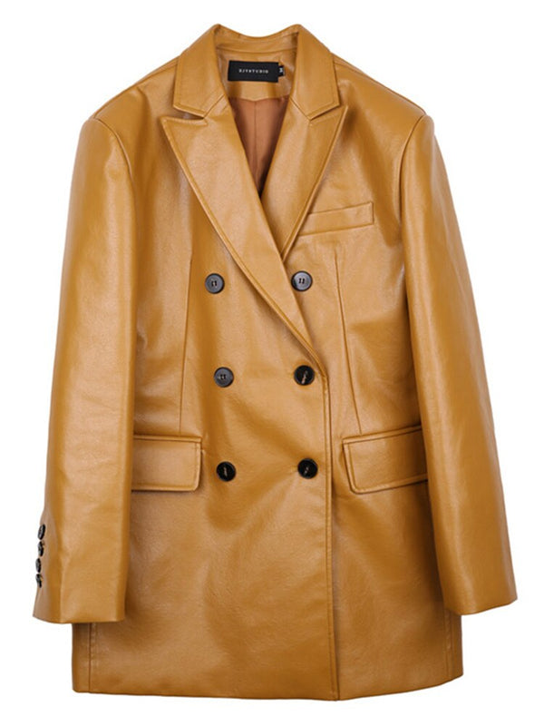Women Yellow Pu Leather Big Size Blazer New Lapel Long Sleeve Loose Fit Jacket Fashion Spring Autumn