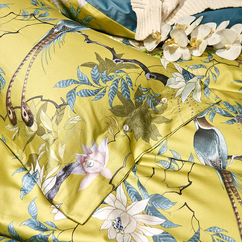 Long Staple cotton Chinoiserie Birds Plant Duvet Cover King Queen Size Bedding Set 4Pcs - Emete Store