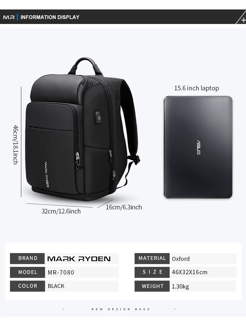 Mark Ryden Oxford Waterproof Backpack with Hidden Pocket & USB Charging - Emete Store